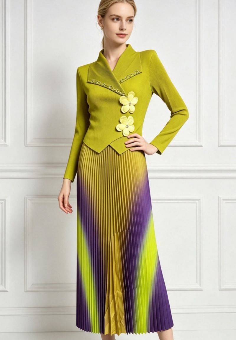 Pleated colors dress gradient printing business suit
