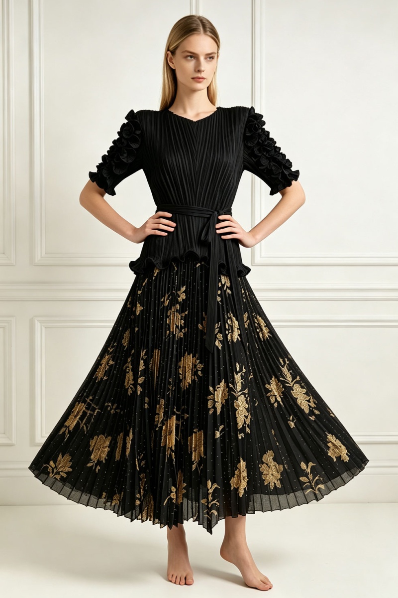 Pinched waist loose tops fold skirt 2pcs set