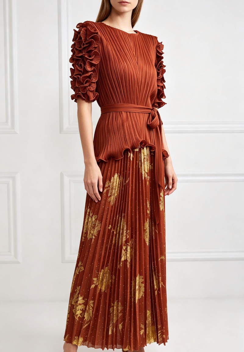 Pinched waist loose tops fold skirt 2pcs set