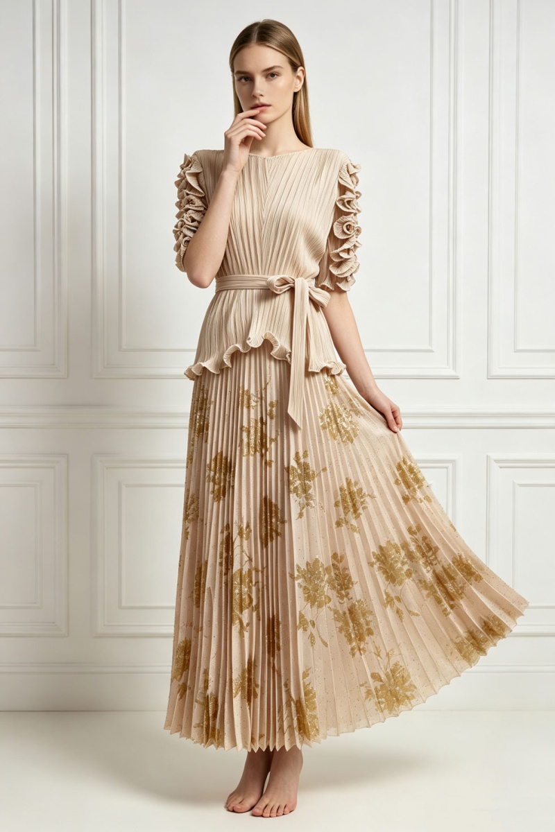 Pinched waist loose tops fold skirt 2pcs set