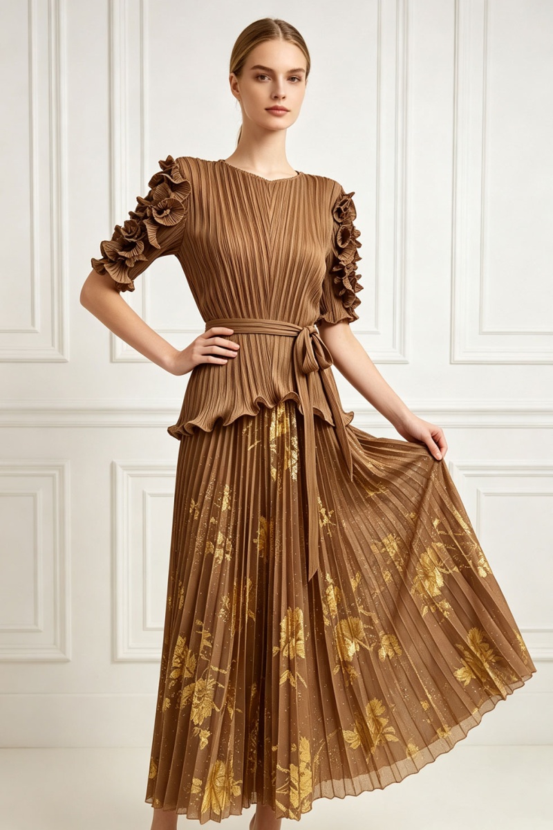 Pinched waist loose tops fold skirt 2pcs set