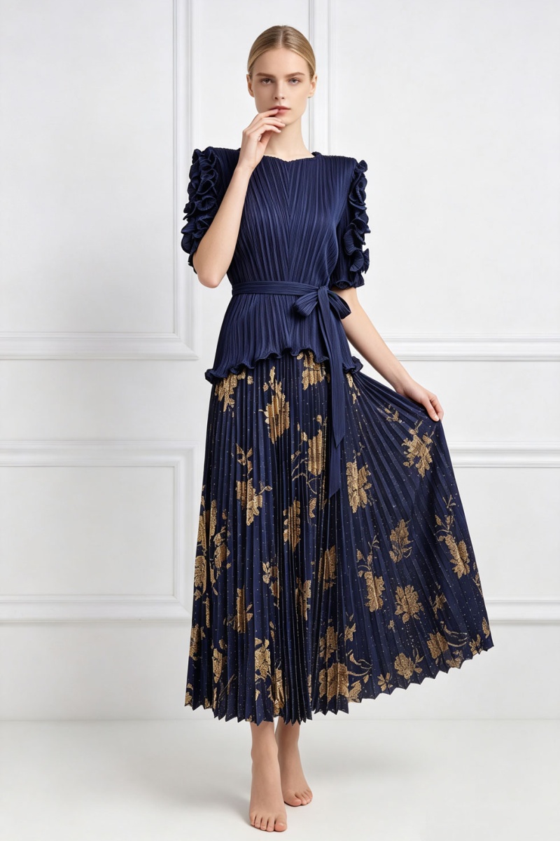 Pinched waist loose tops fold skirt 2pcs set