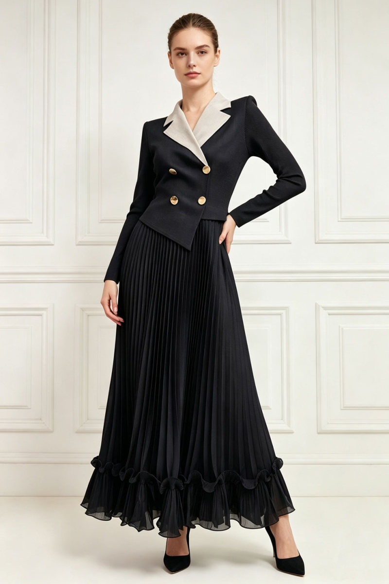 Long sleeve pleated fold dress wood ear loose business suit