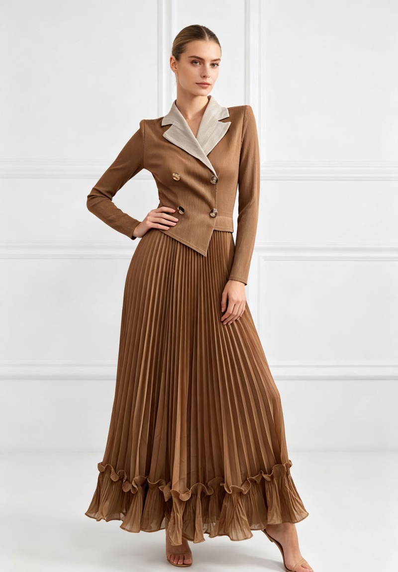 Long sleeve pleated fold dress wood ear loose business suit