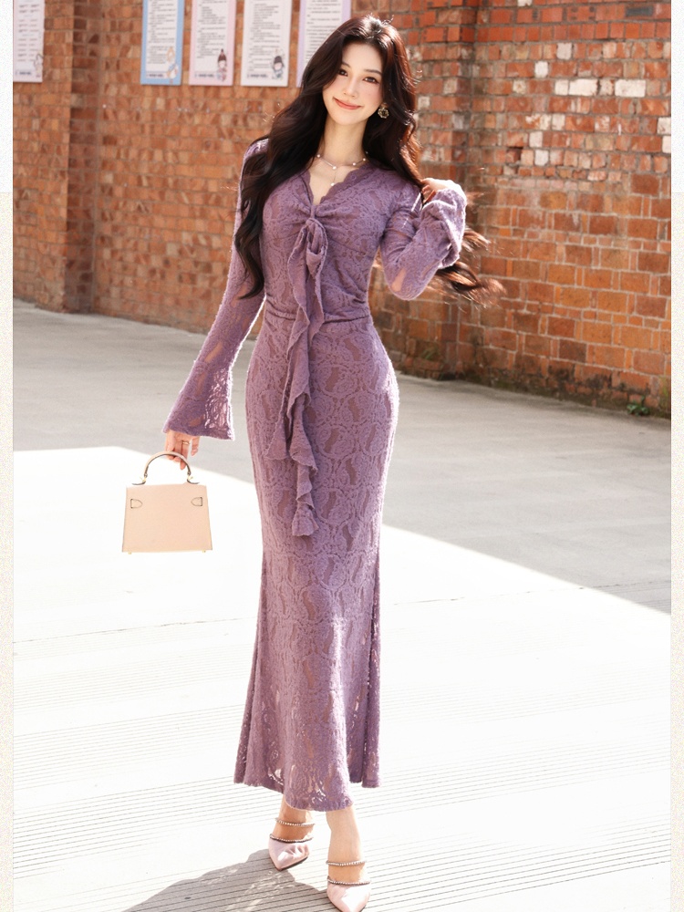 Mermaid package hip dress purple long dress for women