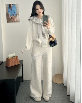 High waist stripe long pants Korean style shawl a set
