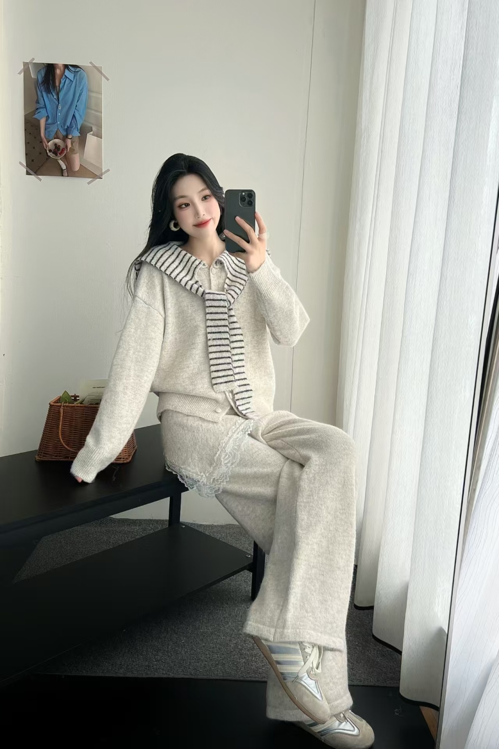 High waist stripe long pants Korean style shawl a set
