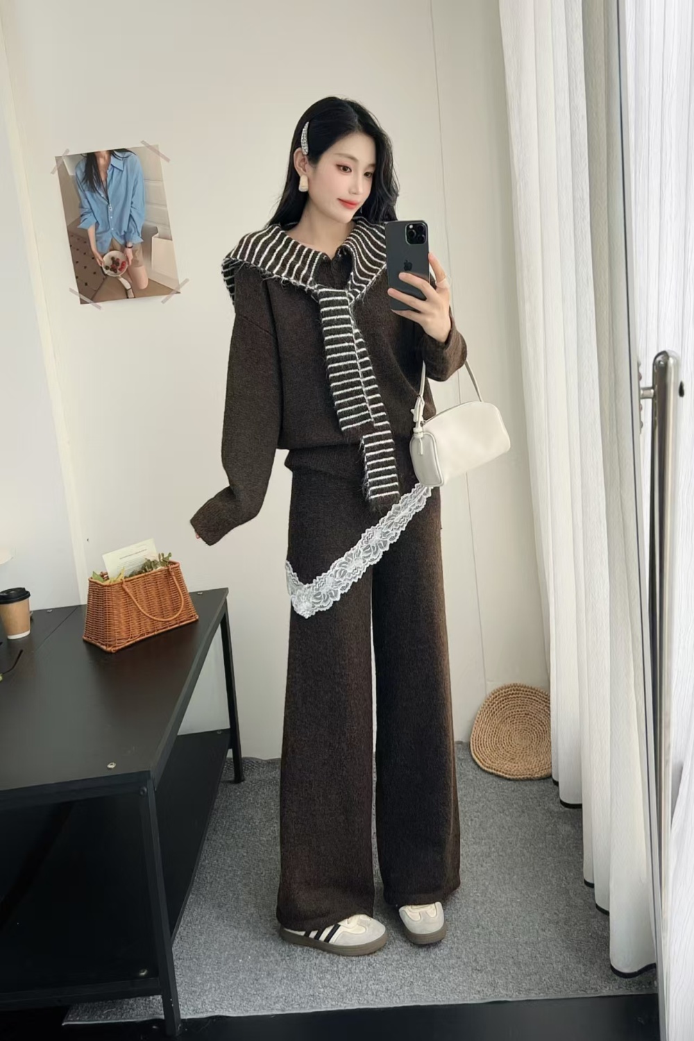 High waist stripe long pants Korean style shawl a set