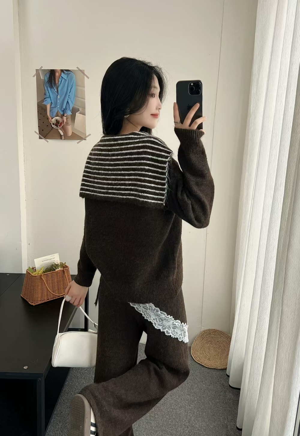 High waist stripe long pants Korean style shawl a set