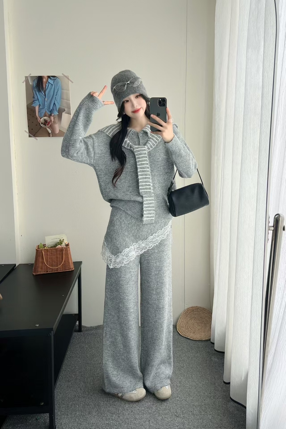High waist stripe long pants Korean style shawl a set