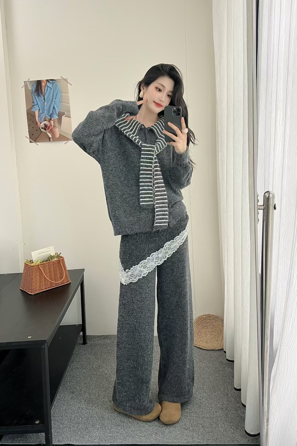 High waist stripe long pants Korean style shawl a set
