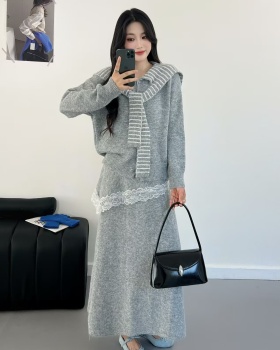 Stripe knitted shawl Korean style skirt a set