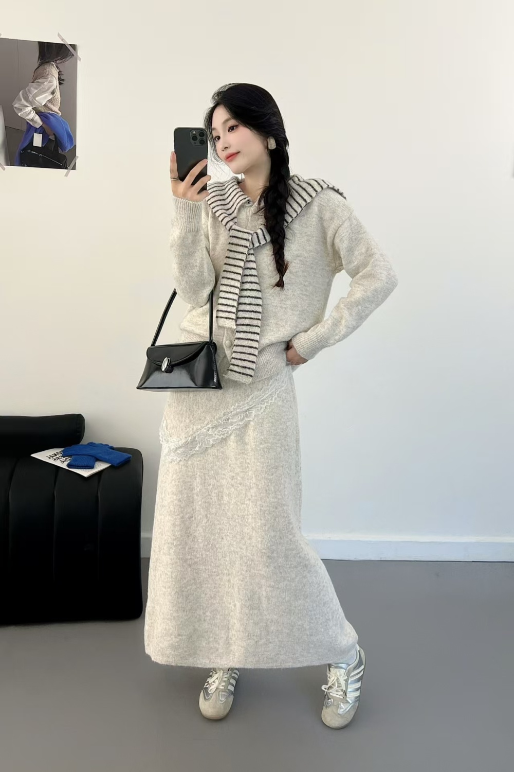 Stripe knitted shawl Korean style skirt a set