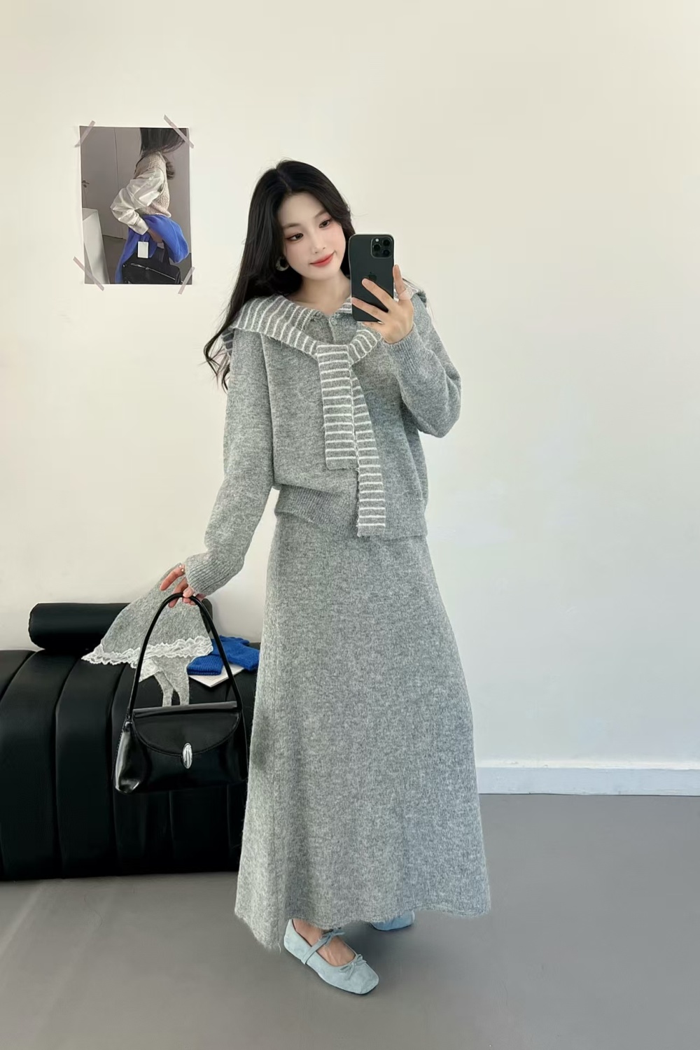 Stripe knitted shawl Korean style skirt a set
