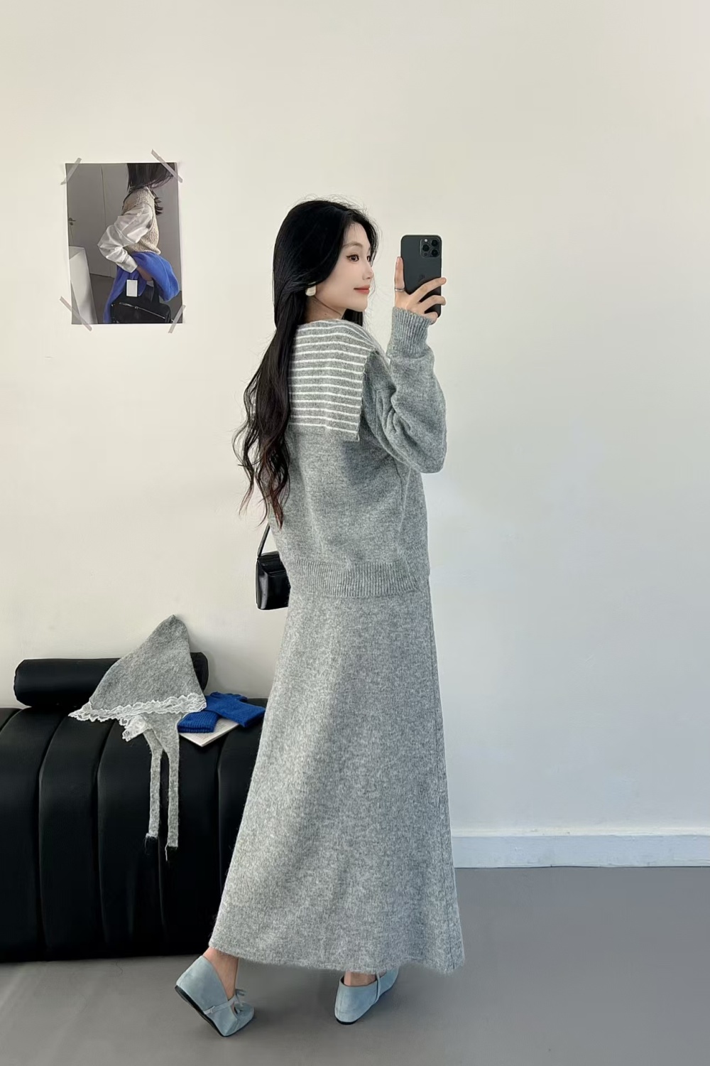 Stripe knitted shawl Korean style skirt a set
