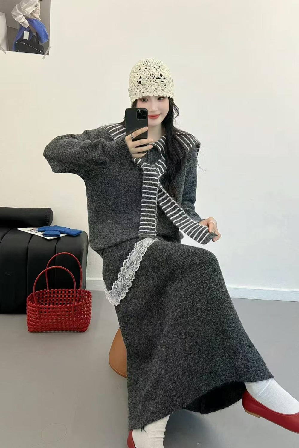 Stripe knitted shawl Korean style skirt a set