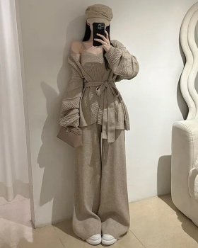High waist cardigan wide leg pants 3pcs set for women