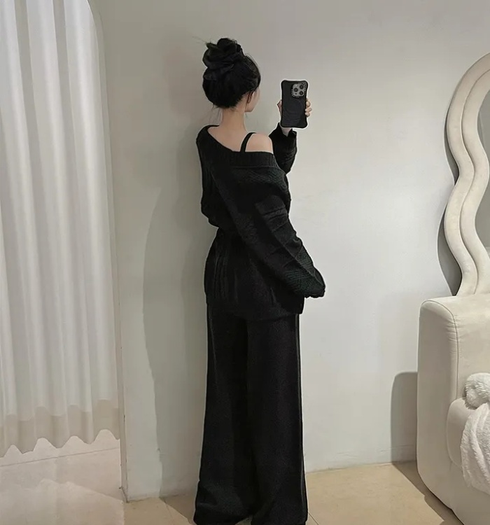 High waist cardigan wide leg pants 3pcs set for women