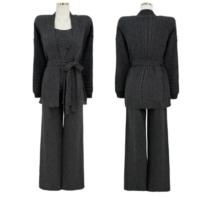 High waist cardigan wide leg pants 3pcs set for women