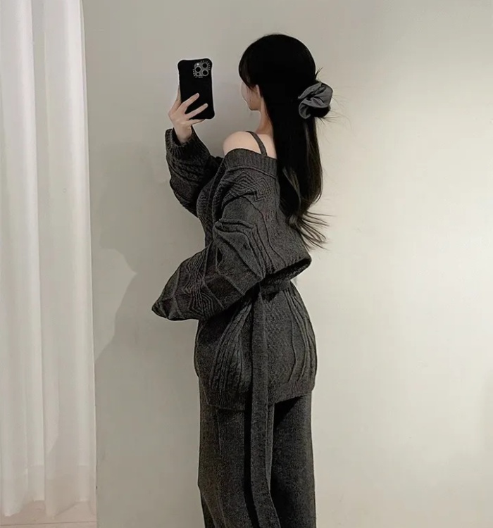 High waist cardigan wide leg pants 3pcs set for women
