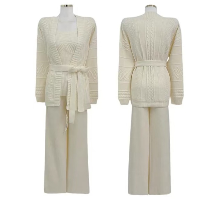 High waist cardigan wide leg pants 3pcs set for women