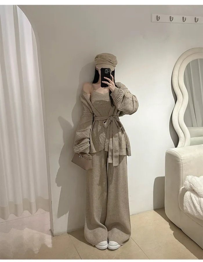 High waist cardigan wide leg pants 3pcs set for women