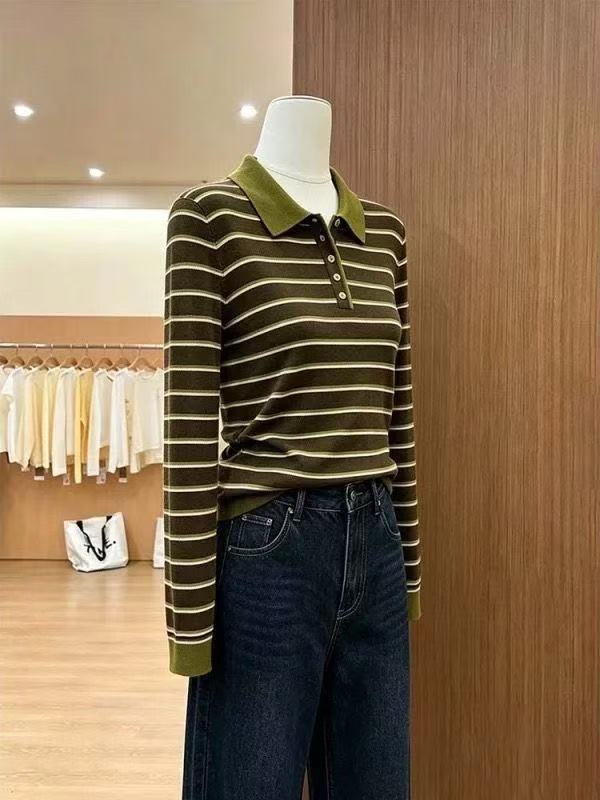 Autumn and winter knitted stripe slim long sleeve sweater