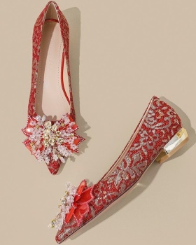 Wear low rhinestone shoes bow red wedding shoes for women