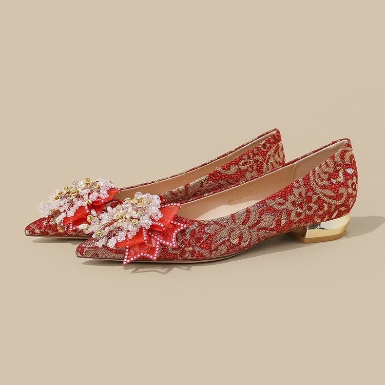 Wear low rhinestone shoes bow red wedding shoes for women