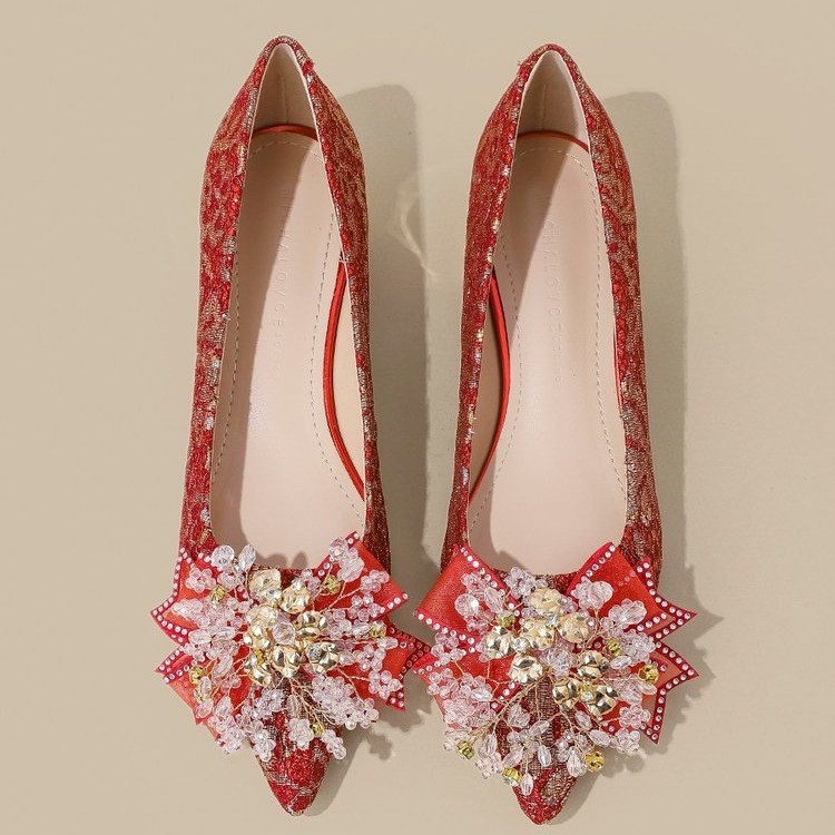 Wear low rhinestone shoes bow red wedding shoes for women