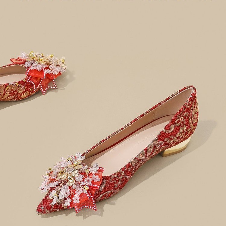 Wear low rhinestone shoes bow red wedding shoes for women