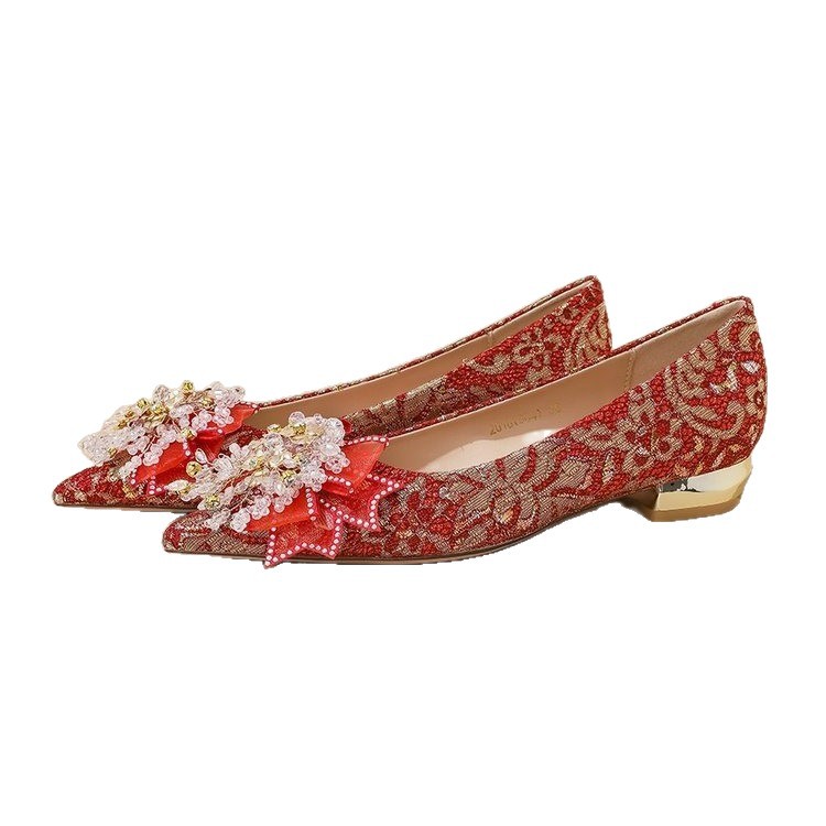 Wear low rhinestone shoes bow red wedding shoes for women