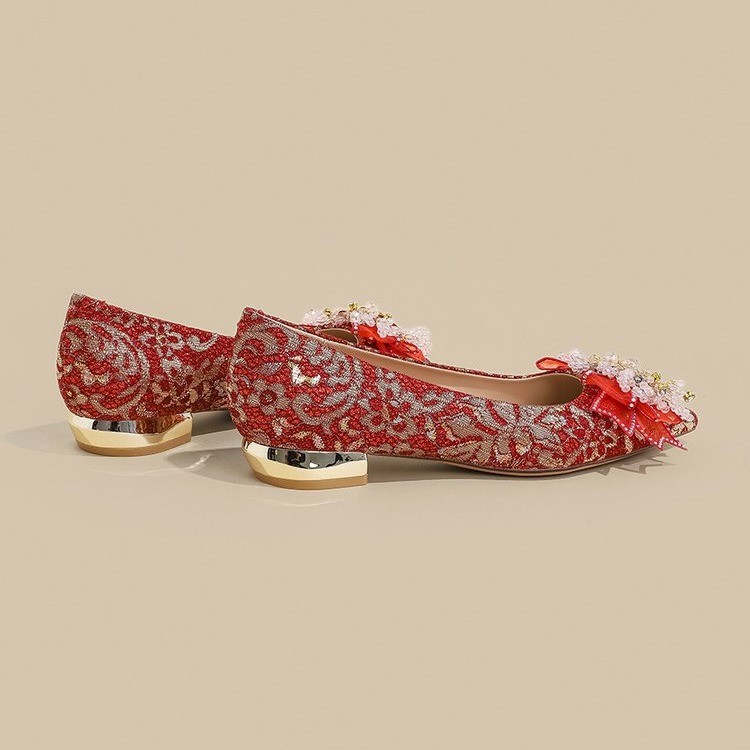 Wear low rhinestone shoes bow red wedding shoes for women