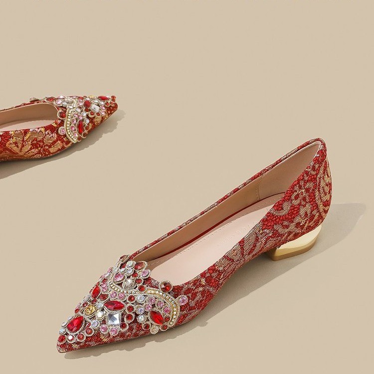 Red bride wedding shoes thick evening dress for women
