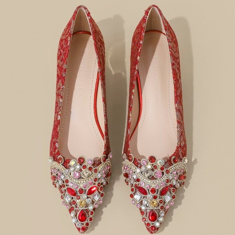 Red bride wedding shoes thick evening dress for women