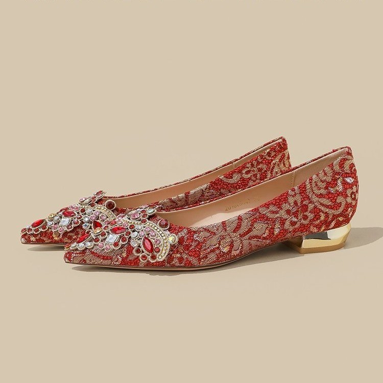 Red bride wedding shoes thick evening dress for women