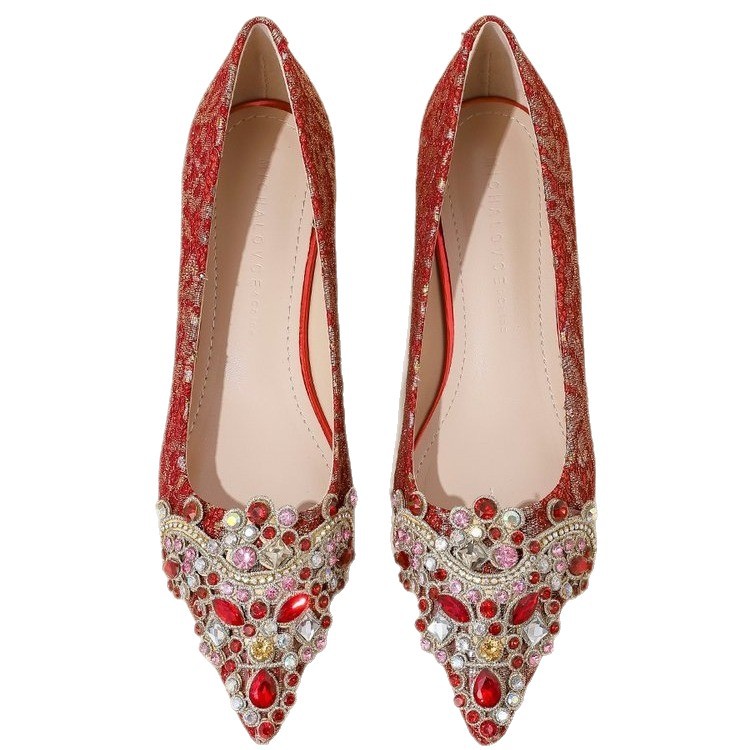 Red bride wedding shoes thick evening dress for women
