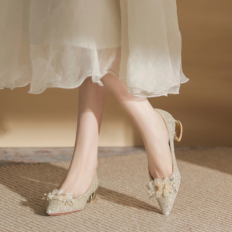 Thick wedding dress pointed wedding shoes for women