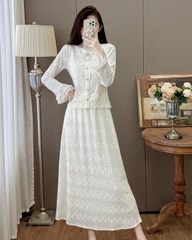 Trumpet sleeves splice bow retro autumn and winter skirt 2pcs set