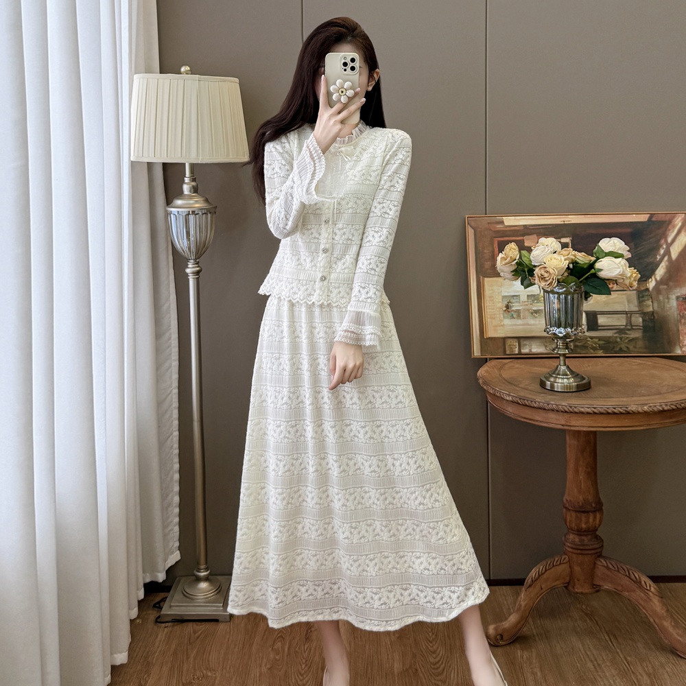 Trumpet sleeves splice bow retro autumn and winter skirt 2pcs set