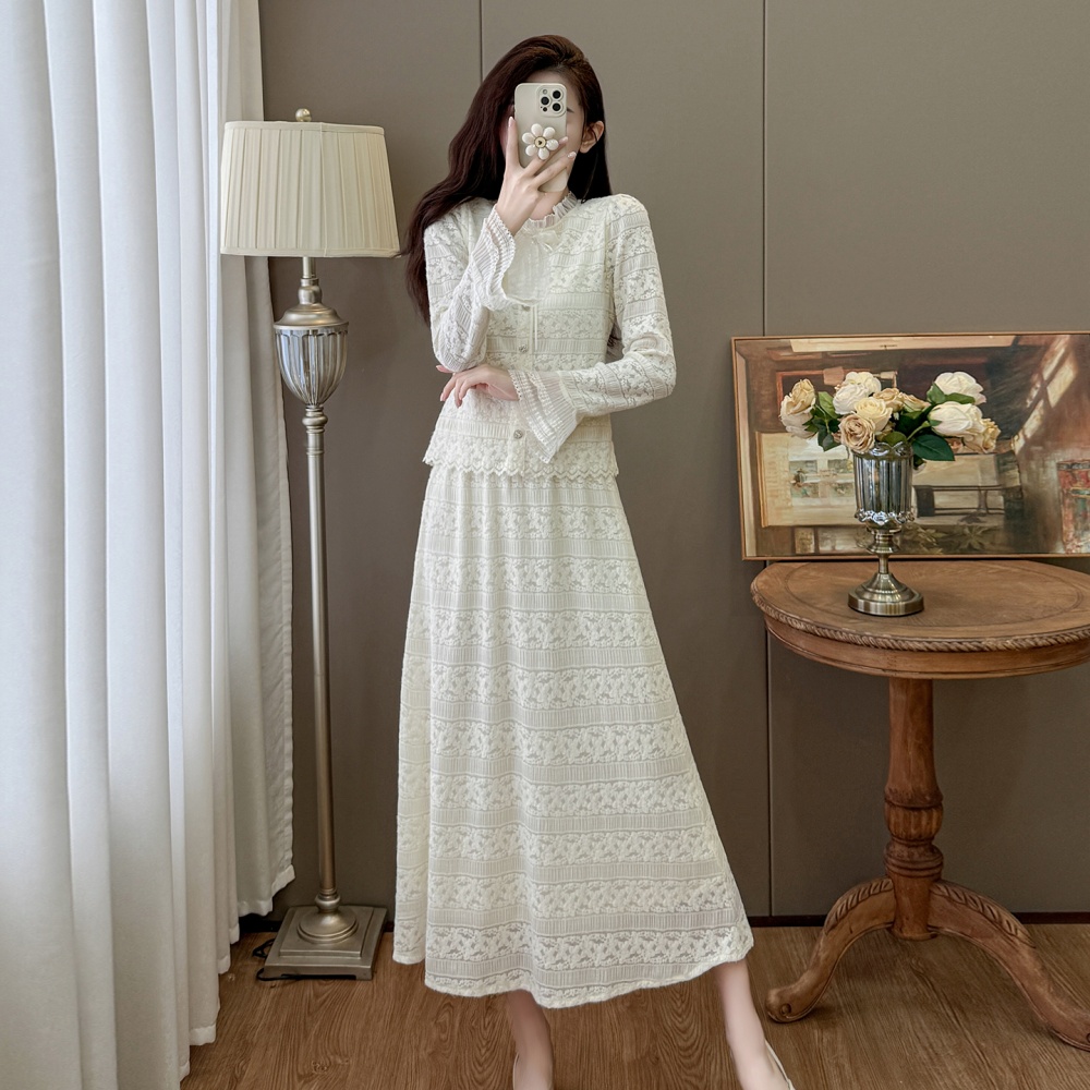 Trumpet sleeves splice bow retro autumn and winter skirt 2pcs set