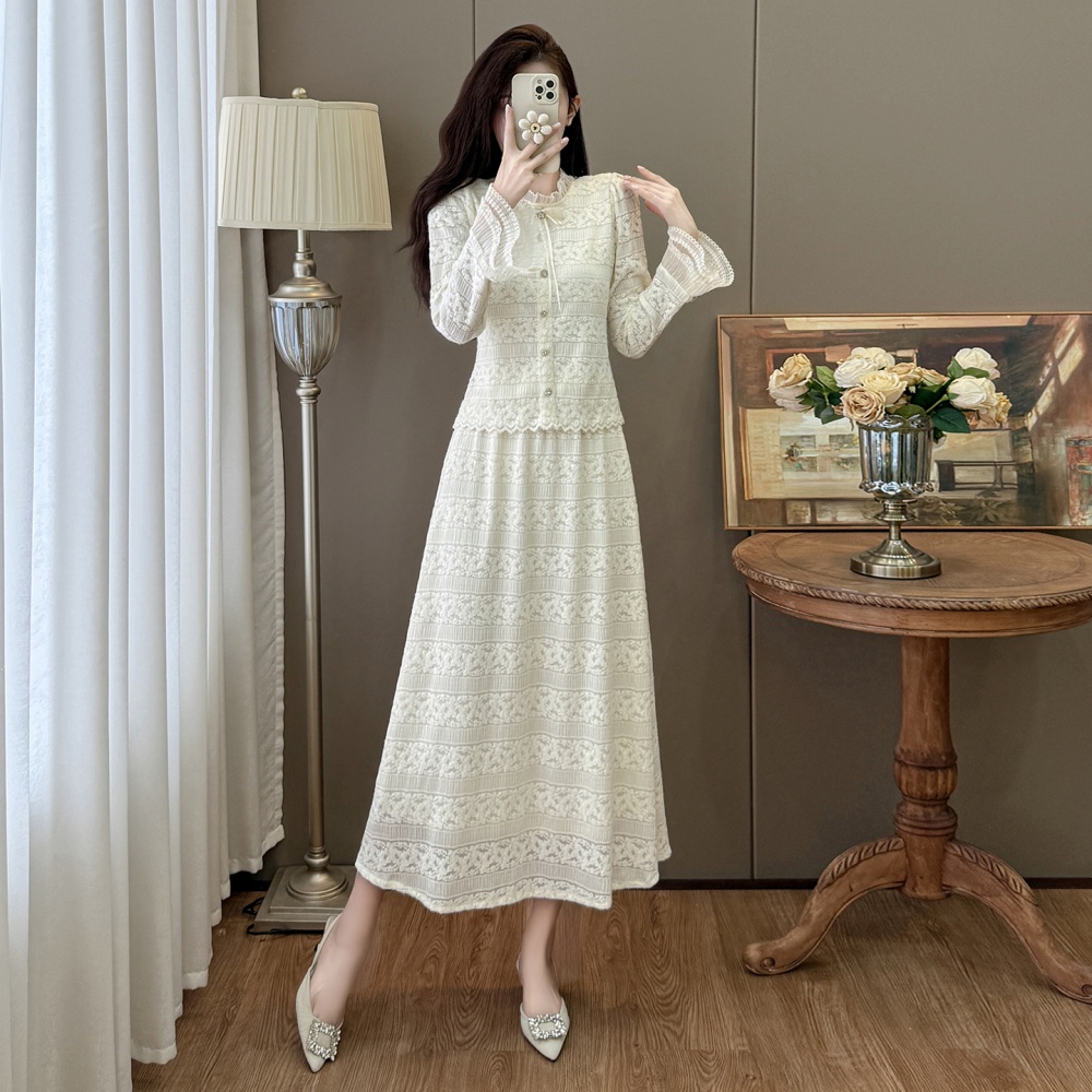 Trumpet sleeves splice bow retro autumn and winter skirt 2pcs set