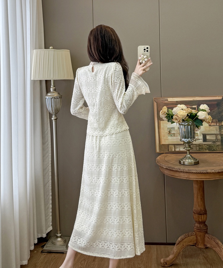 Trumpet sleeves splice bow retro autumn and winter skirt 2pcs set