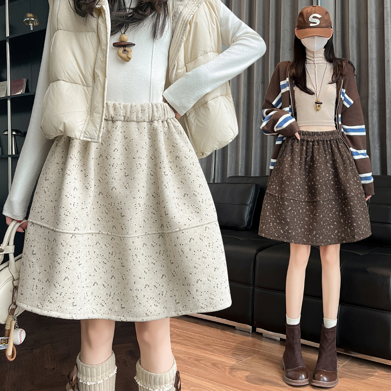 Floral A-line skirt autumn and winter woolen puff skirt
