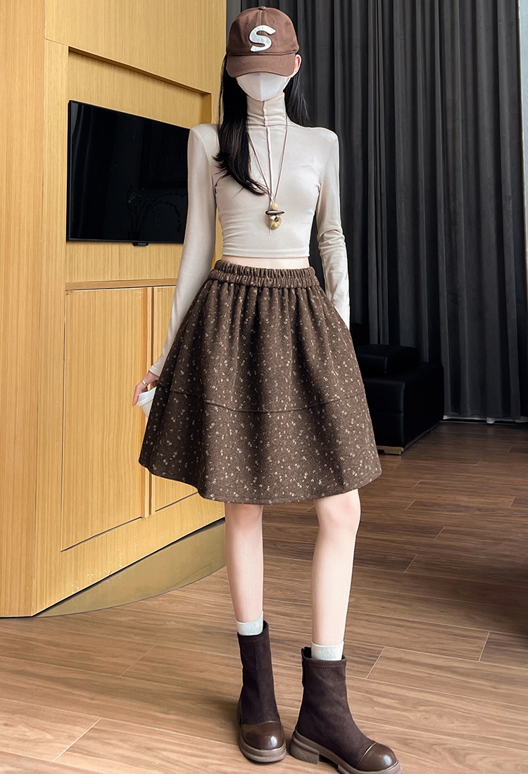 Floral A-line skirt autumn and winter woolen puff skirt