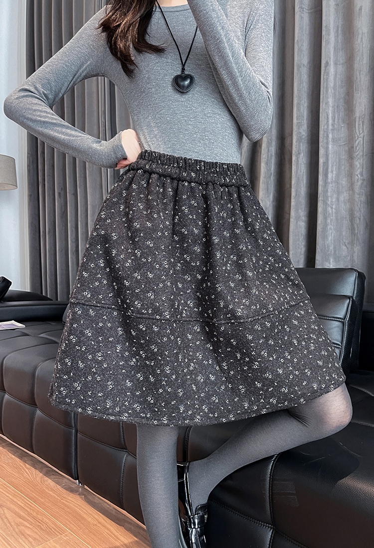 Floral A-line skirt autumn and winter woolen puff skirt