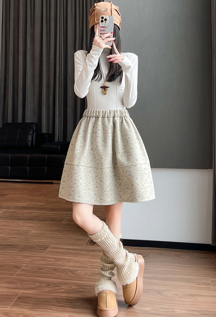 Floral A-line skirt autumn and winter woolen puff skirt