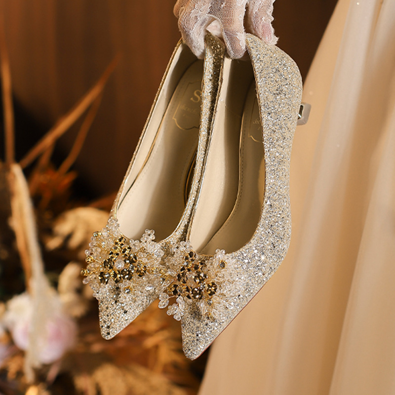 Gold crystal high-heeled shoes low shoes for women