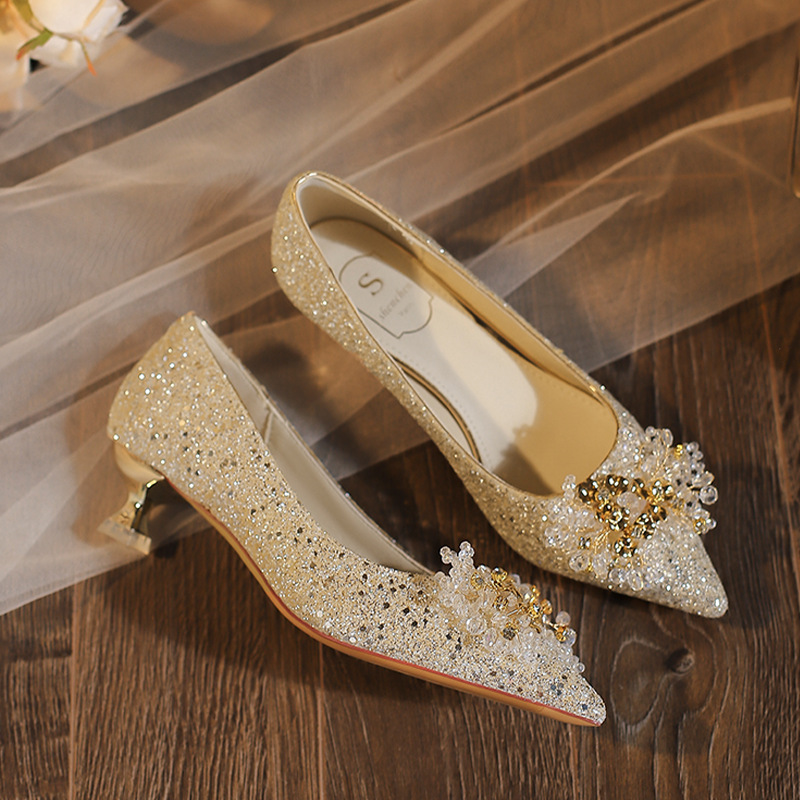 Gold crystal high-heeled shoes low shoes for women