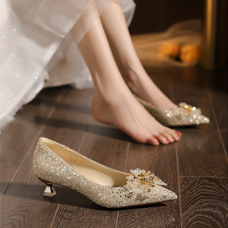 Gold crystal high-heeled shoes low shoes for women